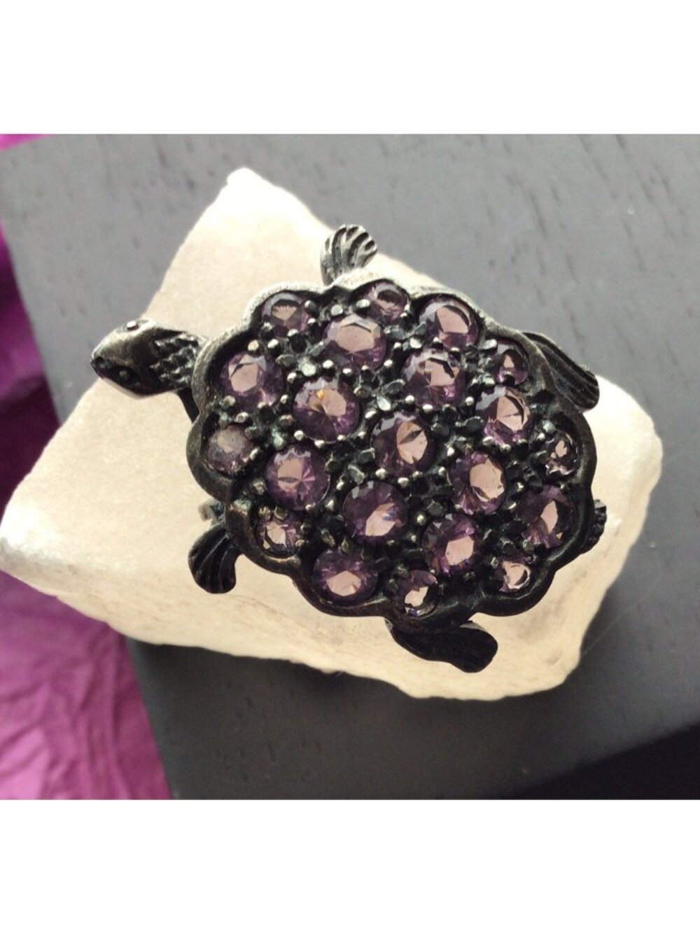 Vintage Pewter Turtle Brooch With Purple Gemstone Accents And Pin Clasp